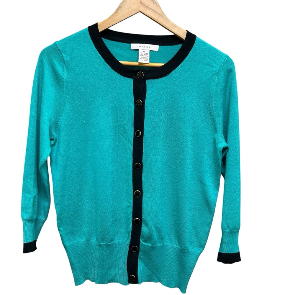 Grace Turquoise Black Trim Long Sleeve Knit Button Front Cardigan Size M